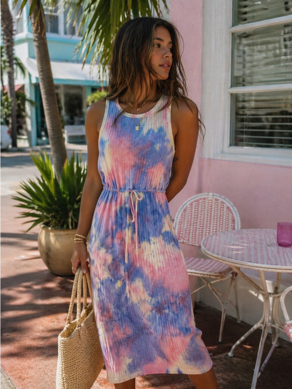 Ro & De Ribbed Multicolor Tie-Dye Midi Dress M Drawstring Resort Coastal Rainbow
